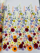 3D Floral and Leaves Embroidery - Off-White - Multi Color Flower Design on Mesh by Yard