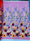 3D Floral and Leaves Embroidery - Red - Multi Color Flower Design on Mesh by Yard