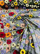 3D Floral and Leaves Embroidery - Black - Multi Color Flower Design on Mesh by Yard