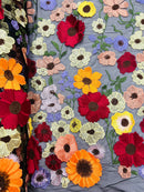 3D Floral and Leaves Embroidery - Black - Multi Color Flower Design on Mesh by Yard
