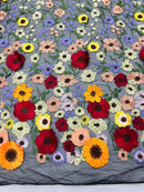 3D Floral and Leaves Embroidery - Black - Multi Color Flower Design on Mesh by Yard