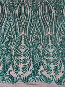 Paisley Sequin Fabric - Teal Green - Line Pattern 4 Way Stretch Elegant Fabric By The Yard