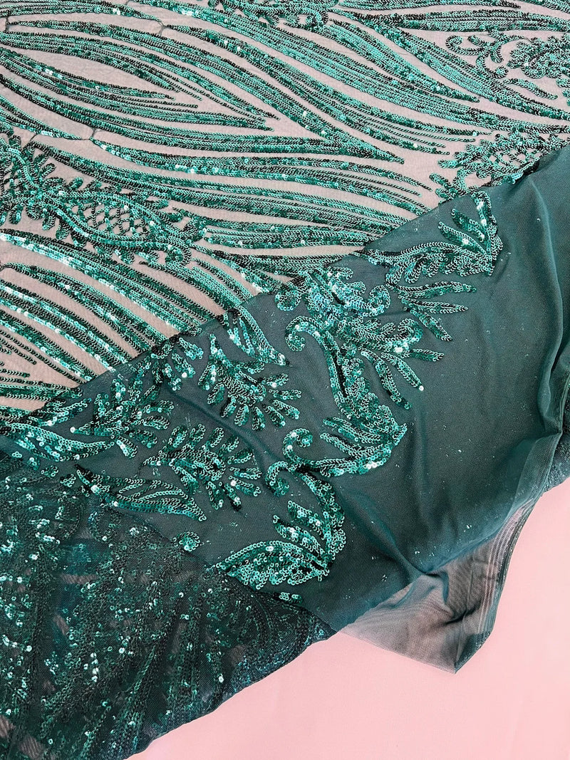 Paisley Sequin Fabric - Teal Green - Line Pattern 4 Way Stretch Elegant Fabric By The Yard