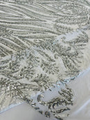 Paisley Sequin Fabric - Silver - Line Pattern 4 Way Stretch Elegant Fabric By The Yard