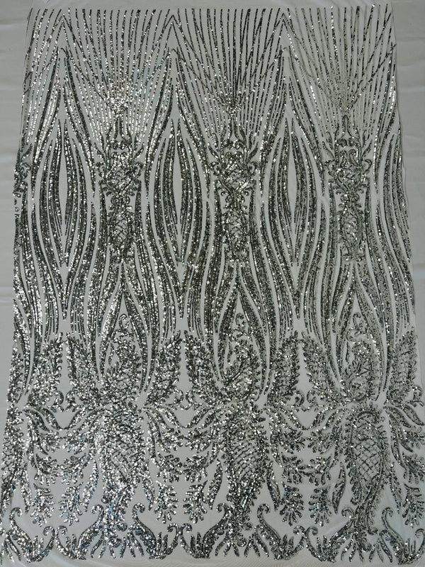 Paisley Sequin Fabric - Silver - Line Pattern 4 Way Stretch Elegant Fabric By The Yard