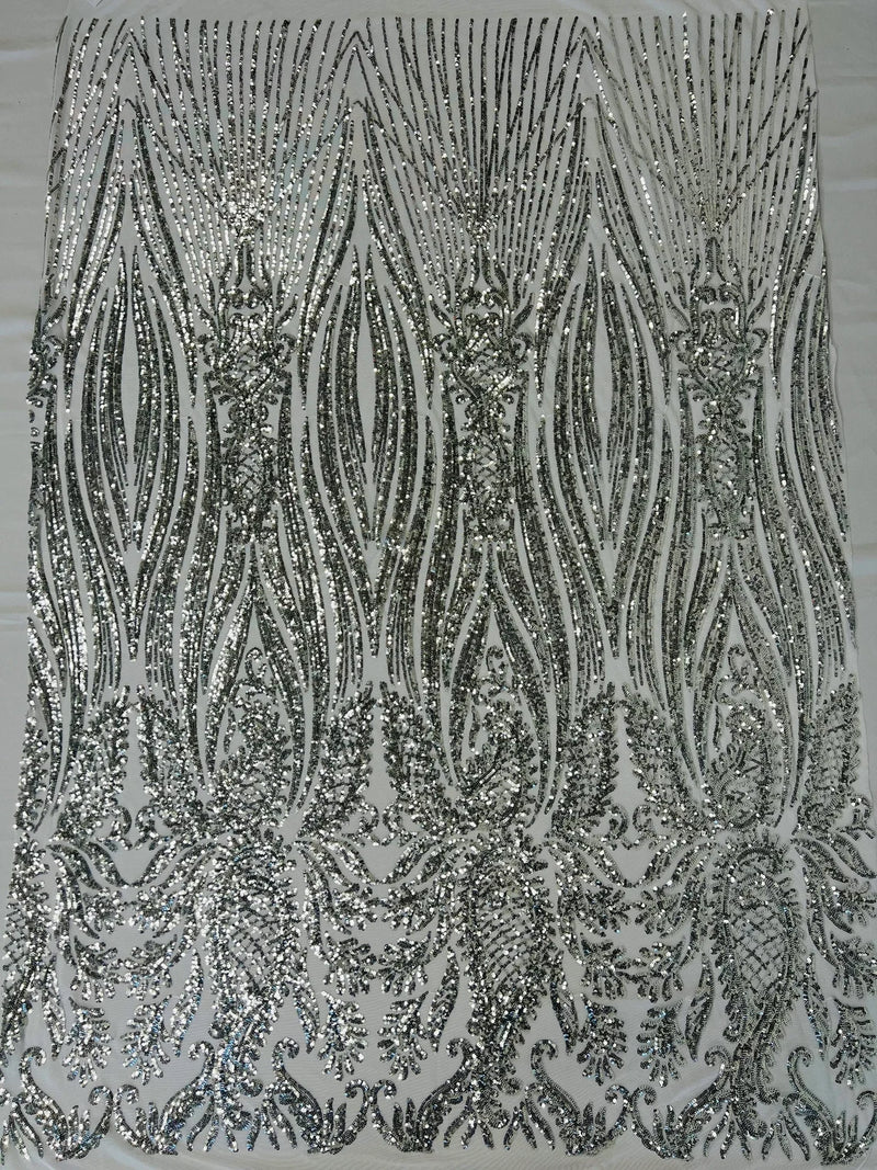 Paisley Sequin Fabric - Silver - Line Pattern 4 Way Stretch Elegant Fabric By The Yard