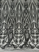 Paisley Sequin Fabric - Black - Line Pattern 4 Way Stretch Elegant Fabric By The Yard