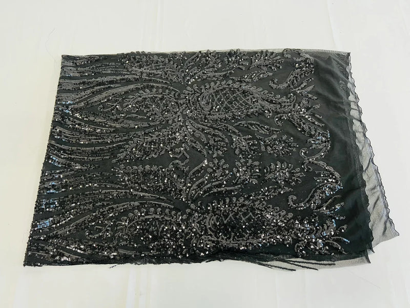 Paisley Sequin Fabric - Black - Line Pattern 4 Way Stretch Elegant Fabric By The Yard