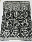Paisley Sequin Fabric - Black - Line Pattern 4 Way Stretch Elegant Fabric By The Yard