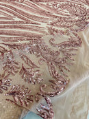 Paisley Sequin Fabric - Dusty Rose - Line Pattern 4 Way Stretch Elegant Fabric By The Yard