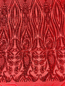 Paisley Sequin Fabric - Red - Line Pattern 4 Way Stretch Elegant Fabric By The Yard