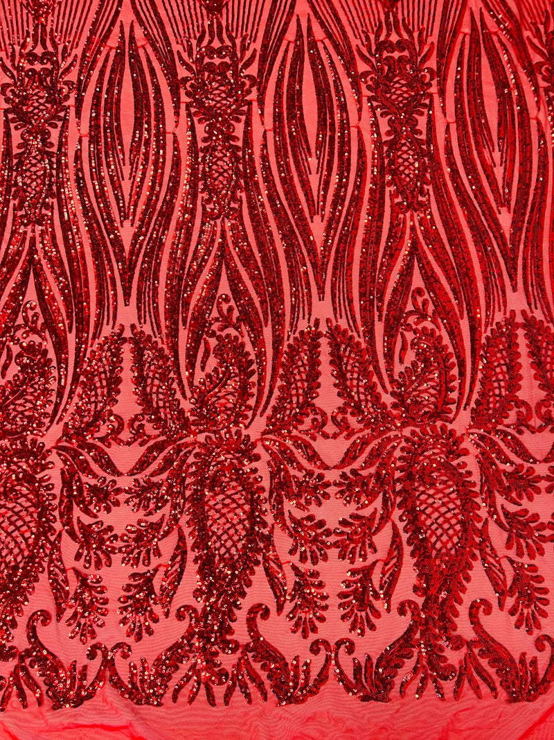Paisley Sequin Fabric - Red - Line Pattern 4 Way Stretch Elegant Fabri
