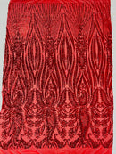 Paisley Sequin Fabric - Red - Line Pattern 4 Way Stretch Elegant Fabric By The Yard