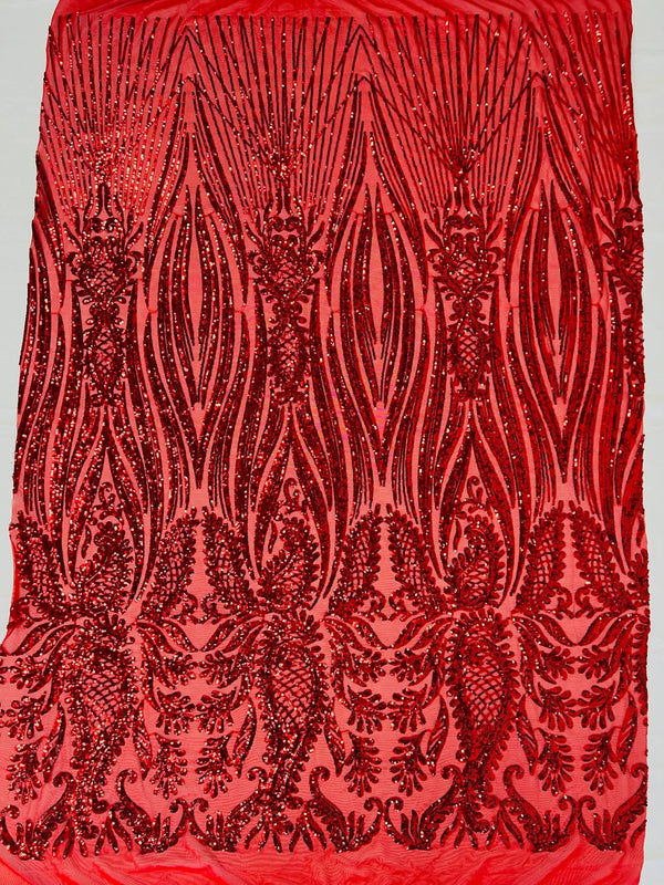 Paisley Sequin Fabric - Red - Line Pattern 4 Way Stretch Elegant Fabric By The Yard