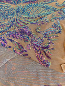 Paisley Sequin Fabric - Iridescent Purple on Skin - Line Pattern 4 Way Stretch Elegant Fabric By The Yard