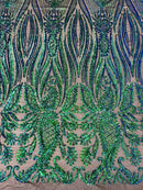 Paisley Sequin Fabric - Green Mermaid - Line Pattern 4 Way Stretch Elegant Fabric By The Yard