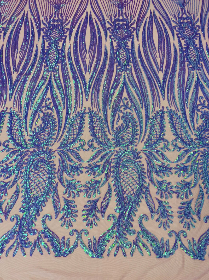 Paisley Sequin Fabric - Iridescent Lilac - Line Pattern 4 Way Stretch Elegant Fabric By The Yard