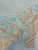 Paisley Sequin Fabric - Aqua / Blue - Line Pattern 4 Way Stretch Elegant Fabric By The Yard