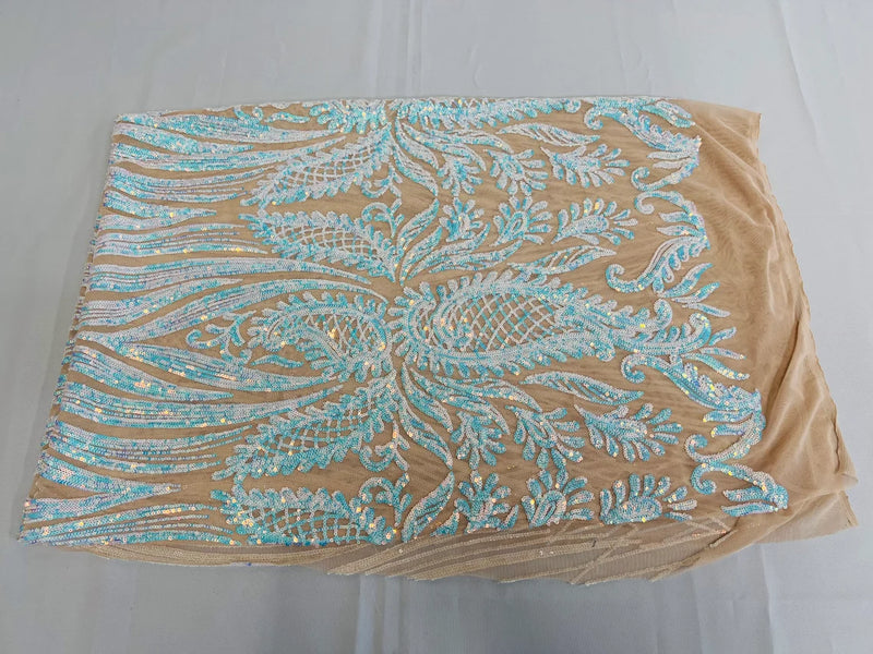 Paisley Sequin Fabric - Aqua / Blue - Line Pattern 4 Way Stretch Elegant Fabric By The Yard