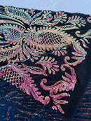 Paisley Sequin Fabric - Rainbow - Line Pattern 4 Way Stretch Elegant Fabric By The Yard