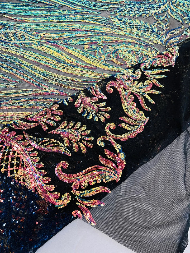 Paisley Sequin Fabric - Rainbow - Line Pattern 4 Way Stretch Elegant Fabric By The Yard