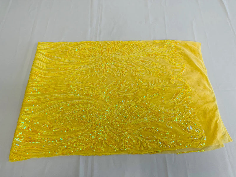Paisley Sequin Fabric - Iridescent Yellow - Line Pattern 4 Way Stretch Elegant Fabric By The Yard