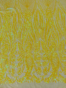 Paisley Sequin Fabric - Iridescent Yellow - Line Pattern 4 Way Stretch Elegant Fabric By The Yard
