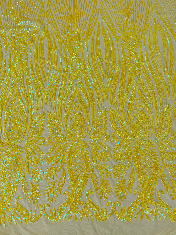 Paisley Sequin Fabric - Iridescent Yellow - Line Pattern 4 Way Stretch Elegant Fabric By The Yard