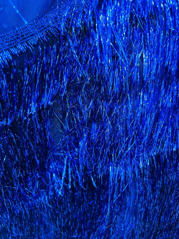 Metallic Fringe Eyelash Design - Royal Blue - Embroidered 2 Way Stretch Fancy Fringe By Yard