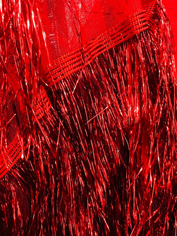 Metallic Fringe Eyelash Design - Red - Embroidered 2 Way Stretch Fancy Fringe By Yard
