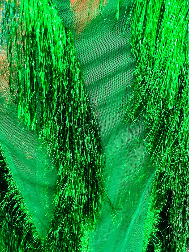 Metallic Fringe Eyelash Design - Emerald Green - Embroidered 2 Way Stretch Fancy Fringe By Yard