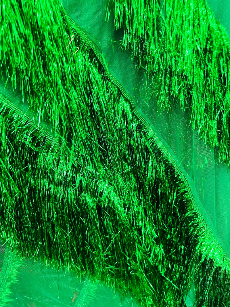 Metallic Fringe Eyelash Design - Emerald Green - Embroidered 2 Way Stretch Fancy Fringe By Yard