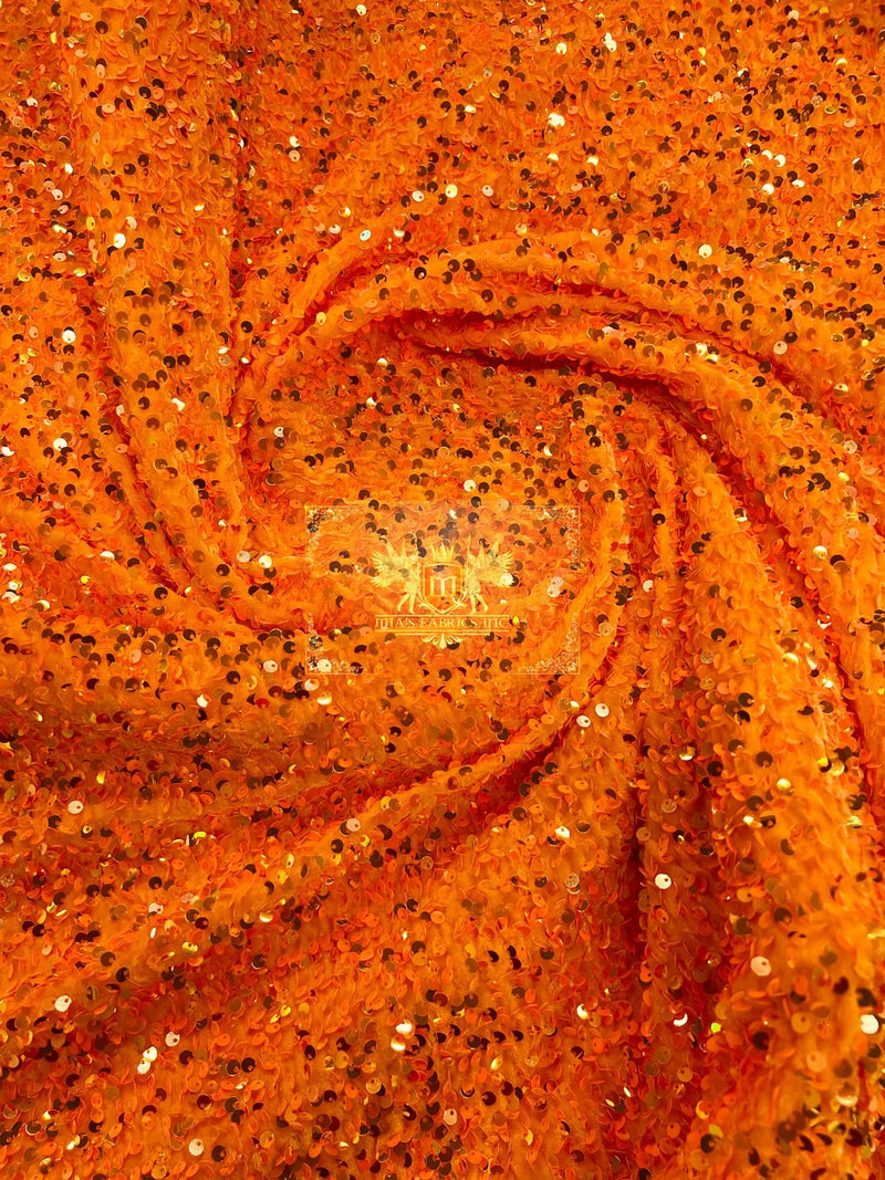 Stretch Velvet Sequins - Orange - 2 Way Stretch Velvet Sequins Fabric By Yard 58/60”