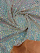 Mini Glitz Sequins - Iridescent Blue/ Pink on Nude Mesh - Mini Sequins 4 Way Stretch Mesh Fabric