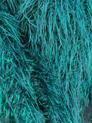 Metallic Eyelash Fabric - Hunter Green - Feather/Eyelash/Fringe Design on Mesh By Yard