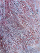 Metallic Eyelash Fabric - Pink/Silver - Feather/Eyelash/Fringe Design on Mesh By Yard