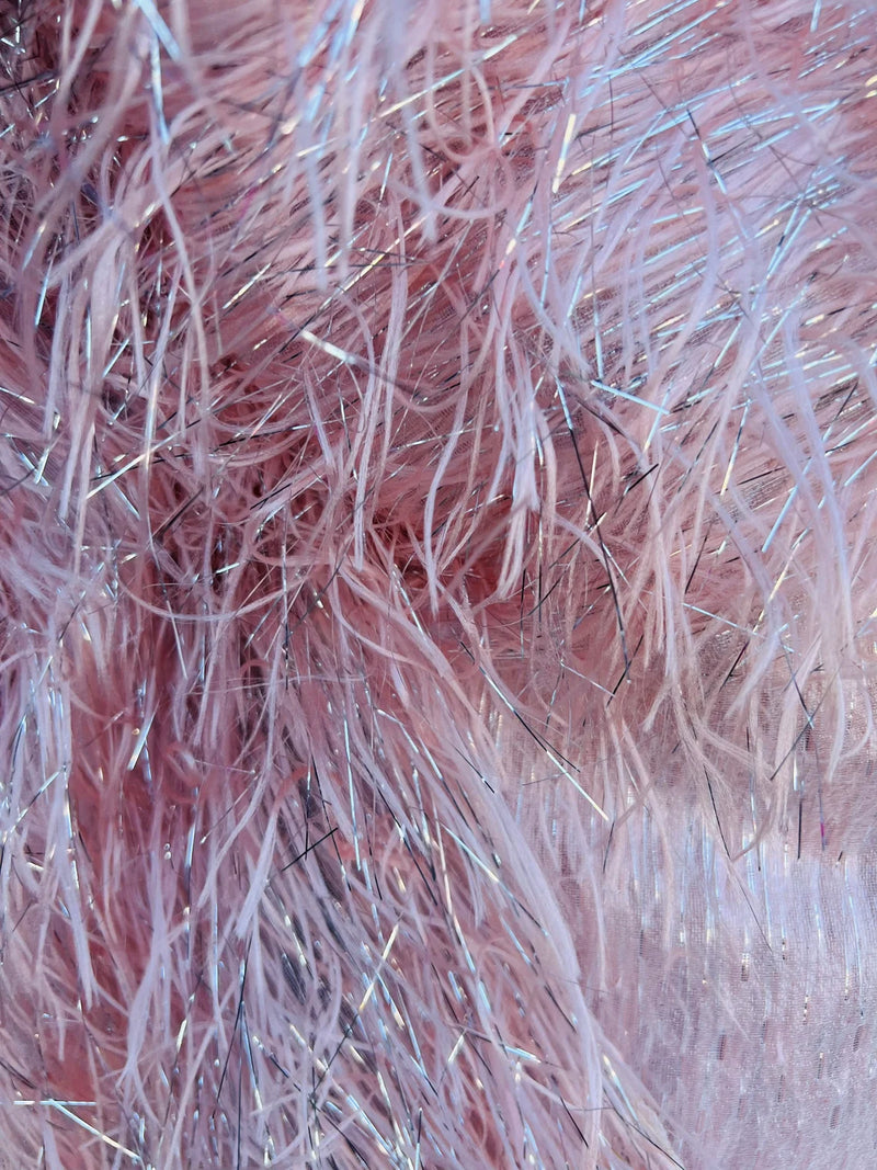 Metallic Eyelash Fabric - Pink/Silver - Feather/Eyelash/Fringe Design on Mesh By Yard