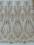 Beaded Pattern Fabric - Rose Gold - Embroidered Fancy Beads Pattern On Mesh Fabric Sold By Yard