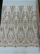 Beaded Pattern Fabric - Rose Gold - Embroidered Fancy Beads Pattern On Mesh Fabric Sold By Yard