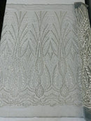 Beaded Pattern Fabric - Silver - Embroidered Fancy Beads Pattern On Mesh Fabric Sold By Yard