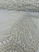 Beaded Pattern Fabric - Silver - Embroidered Fancy Beads Pattern On Mesh Fabric Sold By Yard