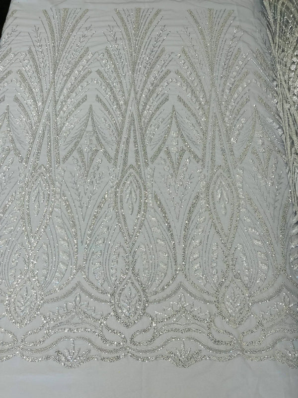 Beaded Pattern Fabric - Silver - Embroidered Fancy Beads Pattern On Mesh Fabric Sold By Yard