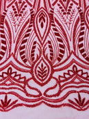 Beaded Pattern Fabric - Red - Embroidered Fancy Beads Pattern On Mesh Fabric Sold By Yard