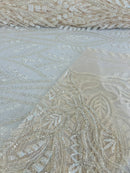 Beaded Pattern Fabric - Clear - Embroidered Fancy Beads Pattern On Mesh Fabric Sold By Yard