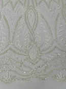 Beaded Pattern Fabric - Clear - Embroidered Fancy Beads Pattern On Mesh Fabric Sold By Yard
