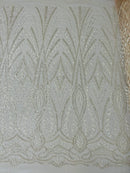 Beaded Pattern Fabric - Clear - Embroidered Fancy Beads Pattern On Mesh Fabric Sold By Yard