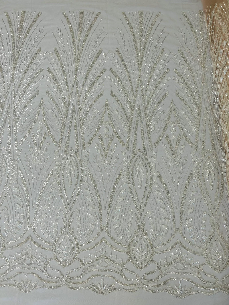 Beaded Pattern Fabric - Clear - Embroidered Fancy Beads Pattern On Mesh Fabric Sold By Yard