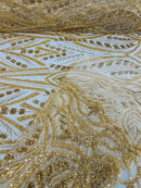 Beaded Pattern Fabric - Gold - Embroidered Fancy Beads Pattern On Mesh Fabric Sold By Yard