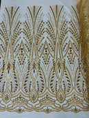Beaded Pattern Fabric - Gold - Embroidered Fancy Beads Pattern On Mesh Fabric Sold By Yard
