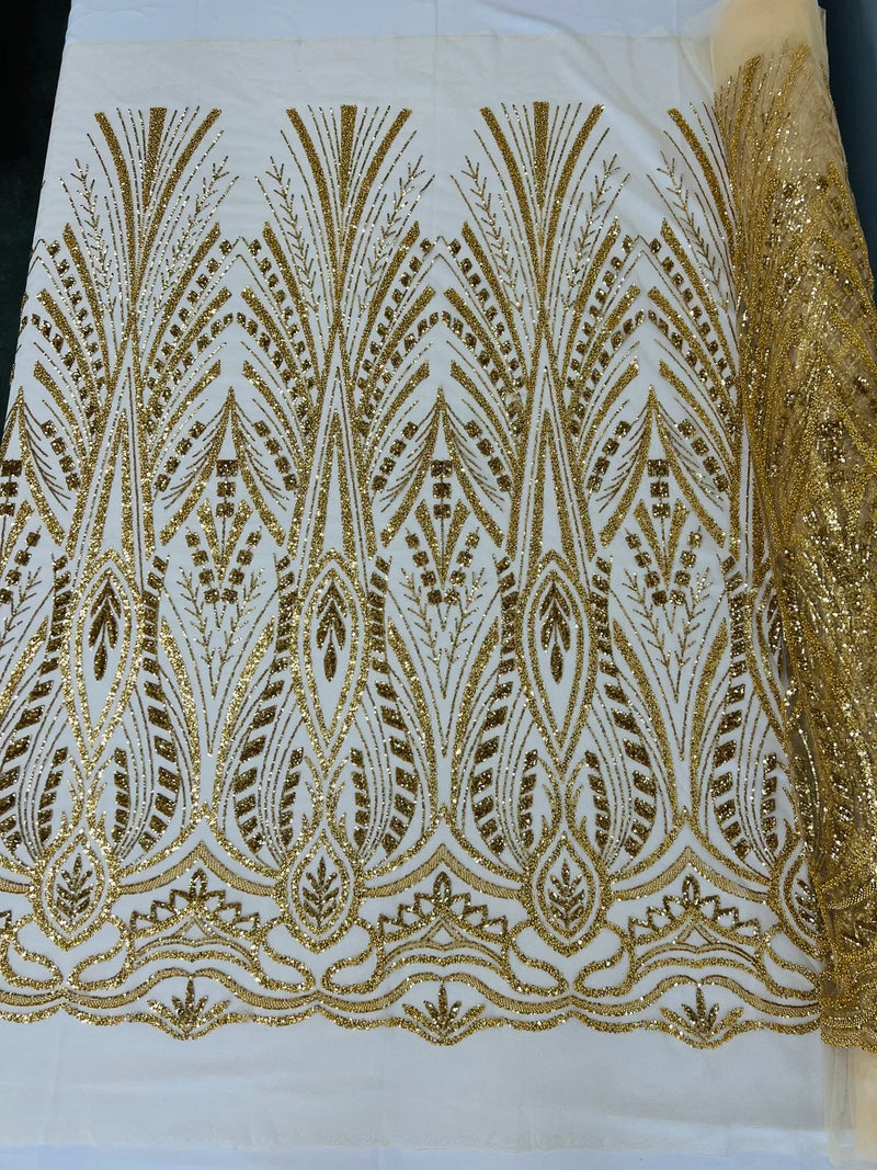 Beaded Pattern Fabric - Gold - Embroidered Fancy Beads Pattern On Mesh Fabric Sold By Yard